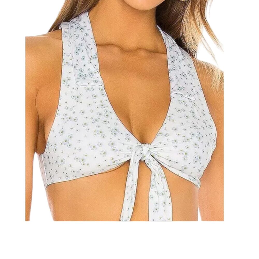 WeWoreWhat Tie Front Crop Swim Top Babys Breath XS Salerno Collared